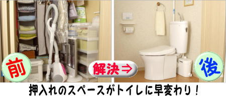 SFAポンプの設置例です。押入れをトイレスペースにした場合です、他にベット脇や寝床に設置することも可能です。労力軽減でき衛生的です。